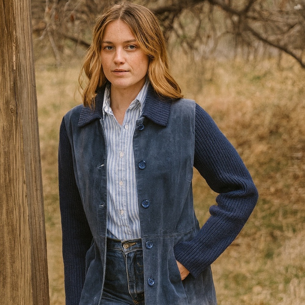 Vintage 90s Terry Lewis Classic Luxuries‎ Blue Suede Knit Jacket Size XS Leather